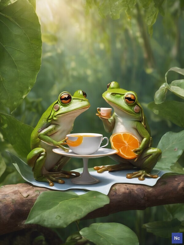 Two frogs having dinner